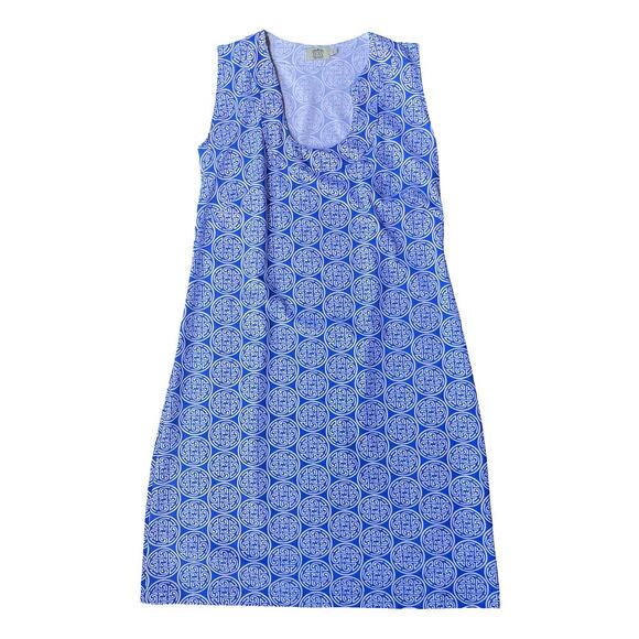Katherine Way Blue & White Geometric Sleeveless Shift Dress – Size Small - Picture 2 of 10